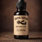 sunrise beard oil, iron spur beard company, orange, cedarwood, amyris