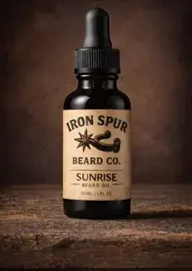 sunrise beard oil, iron spur beard company, orange, cedarwood, amyris