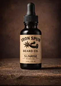 sunrise beard oil, iron spur beard company, orange, cedarwood, amyris